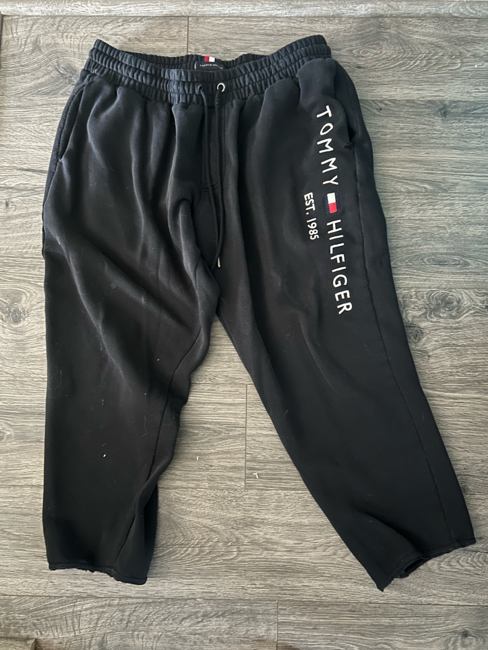 Tommy Hilfiger Black Jogger Sweatpants with White Logo and Flag Accent